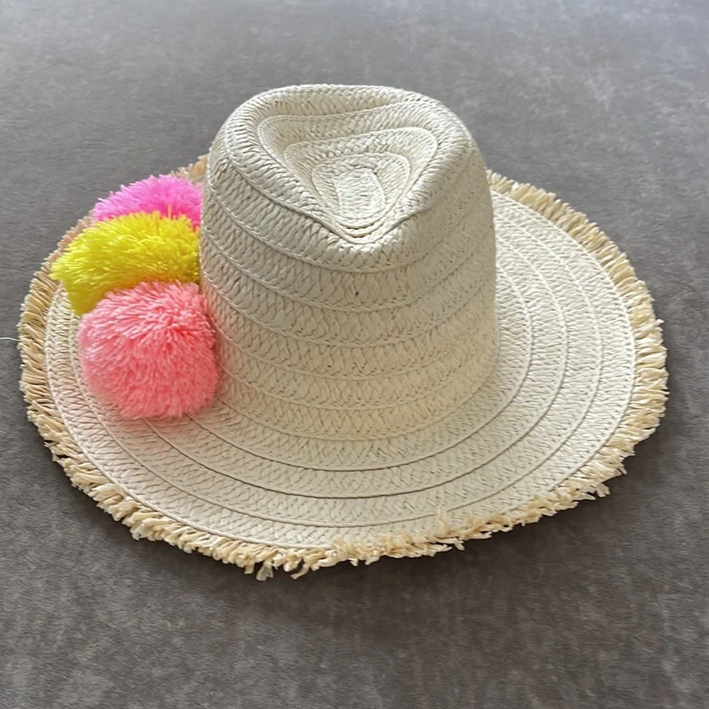 Cotton On Kids natural Straw Hat with multi color Pom Pom detail. Size M/L - Picture 2 of 5